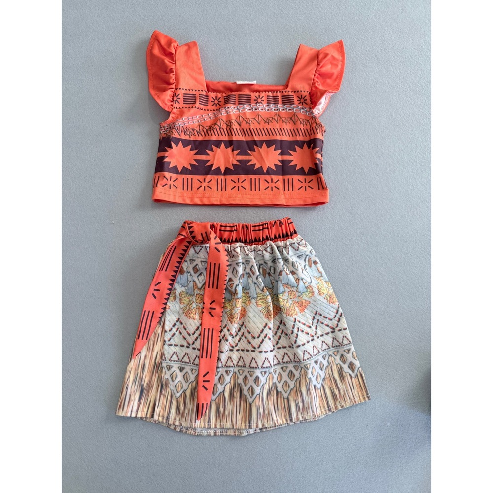 Disney Moana Inspired 2 Piece Costume Set Orange Tribal Print Skirt Top